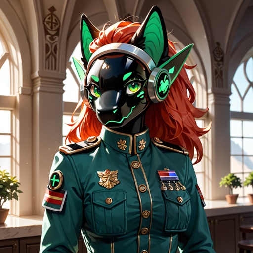 A beautiful female Protogen with dark green skin, green eyes, military uniform, military posture, inside a military base, well-made, perfect photo, very beautiful.