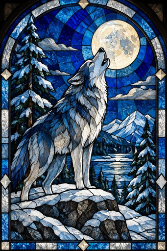 A blue and grey and white siberian wolf howling at the moon in a winter landscape.