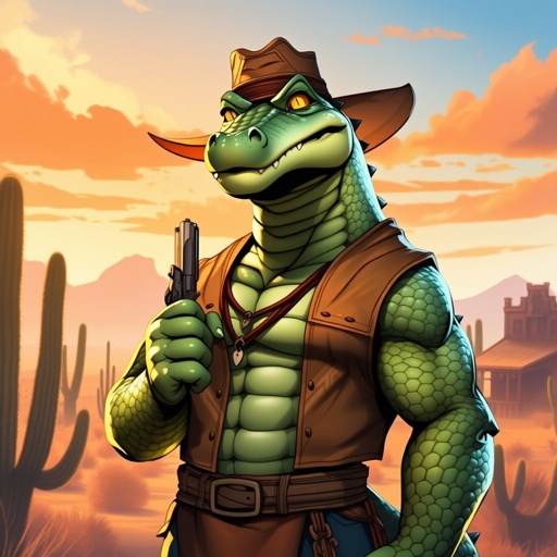 A muscular anthropomorphic crocodile cowboy standing confidently in a desert landscape. He has sharp, gleaming teeth, piercing yellow eyes, and a rugged yet charming smirk. Wearing a wide-brimmed leather cowboy hat, a sleeveless duster coat, a bandana around his thick neck, and tight denim jeans with a large belt buckle. His scaly green skin glistens under the sunset light, highlighting his powerful build. He holds a revolver in one clawed hand and rests the other on his belt. The background features cacti, a dusty road, and an old Western saloon. The scene has a cinematic, warm lighting style, emphasizing his dominance and allure. Highly detailed, semi-realistic, furry art style.