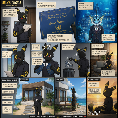 A non-rich grown Umbreon male (named Rick) got the envelope of a billionaire Vaporeon (the lonely Barron) welcoming party at the underwater city mansion from a mail. Decided to rip and toss the pieces of the envelope at the trash can and stay at home. Chooses a home. Lives on a small modern house at the beach. Well-made animated version. A good ending. A anthropomorphic verse. Front and Side view. A comic.