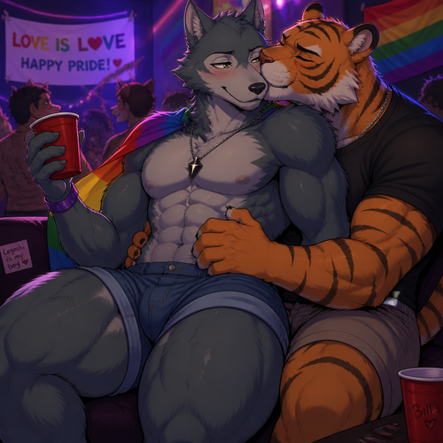 Legoshi the grown Wolf is celebrating at today’s pride month at the college party. Has thick thighs and big butt. Wears shorts and a necklace. Being cuddled by Bill the tiger. Getting some kisses in a cheek. Yaoi.