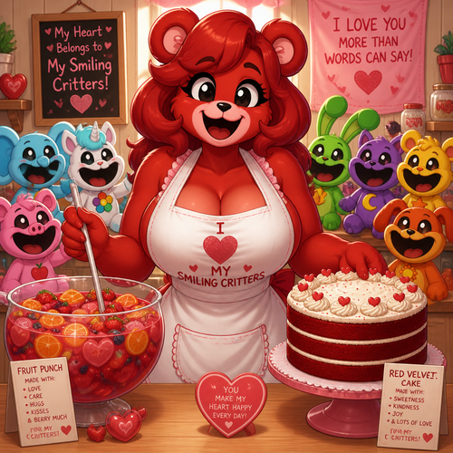Bobby Bearhug (the anthropomorphic busty female character), the smiling critters most favorite lover that wears an apron on front view while making a fruit punch and a red velvet cake for what she loves about them.