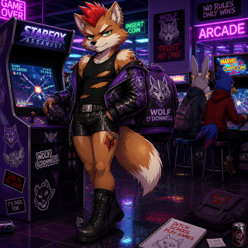A delinquent Fox McCloud wearing tight leather shorts, a black ripped sleeveless shirt, a purple Wolf O’Donnell themed leather jacket, black combat boots, and a red spiked mohawk. He is skipping school playing games at an arcade. Anime art style, full body.