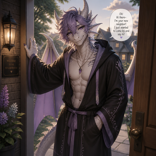 A friendly femboy grown male character (well-made) lung Dragon that wears a robe with a hoodie who came to say hi as a friendly neighbor.