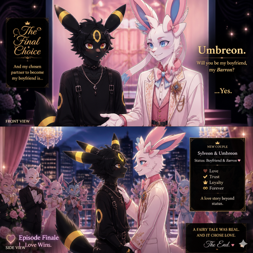 In a dating reality show (a well-made animated version) a non-rich half gothic grown Umbreon male is surprisingly unbelievably been accepted to become a boyfriend to this super rich grown Sylveon male as a Barron for not understanding why and doesn’t mind to lose. In an anthropomorphic universe. Never asks but been gifted. A good ending. Side and front view. A modern present day. 