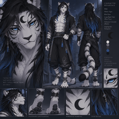 Male, white tiger, blue eyes, long black hair with blue tips, digitigrade footpaws, black sideways crescent on forehead, anime style