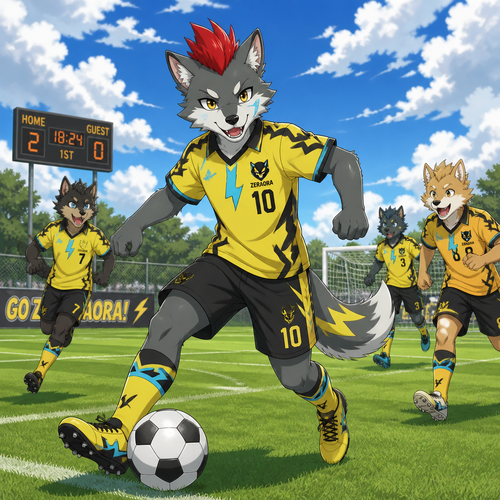 A middle school aged male dire wolf wearing Zeraora themed soccer uniform, short red mohawk hairstyle. He is out on a soccer field during a partly cloudy day, playing a game of soccer with his friends. Anime art style, full body.