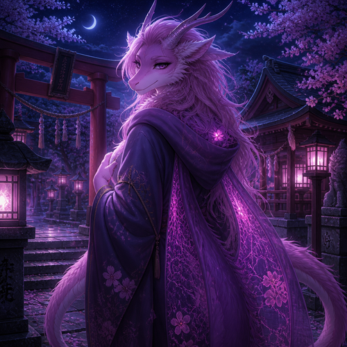 A well-made pink and purple furred dreamy grown female character, a lung dragon that wears a robe with a hoodie who sees you at the shrine by midnight.