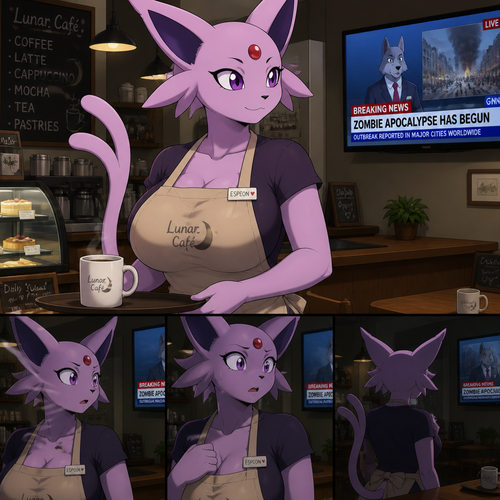 A well-made busty grown anthro female Espeon who works at a cafe wearing an apron on until today’s news on television saying about the zombie apocalypse had started. A animated universe.