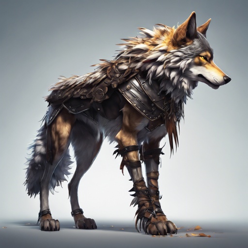 profile view of photorealistic wolf on four legs with feathers and leather armor and dramatic lighting