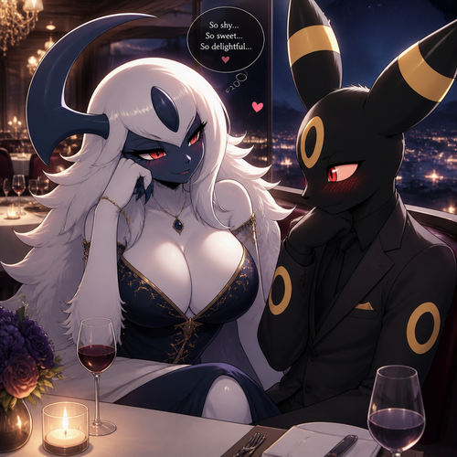A well-made busty female Pokemon character, Absol. wears an elegant dress and eyeliner. Tall and gorgeous. Dating a shy male Umbreon with a blush. Patient. Has a flirty feeling. Thinking about how sweet and delightful. On a fancy restaurant at night. An animated universe.