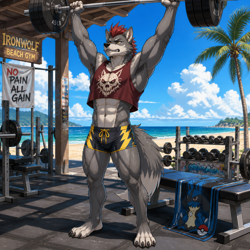 A teenage male dire wolf wearing tight Zeraora themed swim trunks, a maroon sleeveless shirt with a wolf skull design and a short red mohawk hairstyle. The sleeveless shirt is riding up showing off a 8 pack of abs as the dire wolf is lifting weights over his head at an outdoor beach side gym. On a bench next to him lays a Lucario style towel. Anime art style. Solo full body