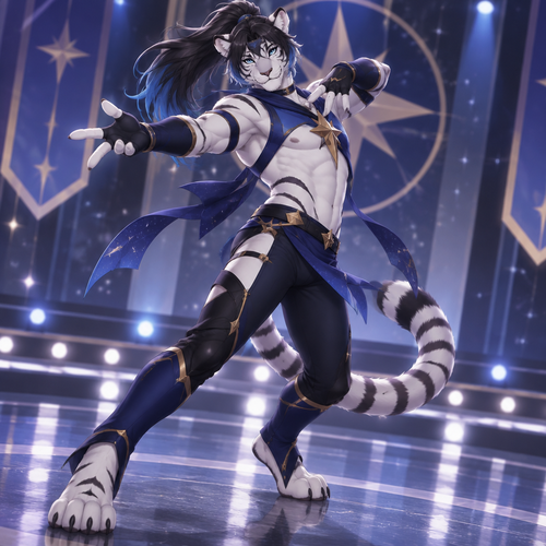 Male, anthro white tiger, digitigrade footpaws, thick black hair with blue tips, hair in a long ponytail, blue eyes, Sailor Starlight, Dancing
