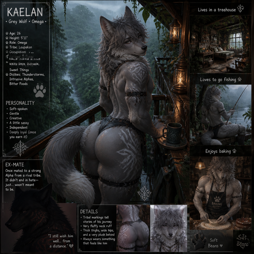 A well-made femboy grown male character, a tribal grey wolf omega that has thick thighs, wide hips, and big fuzzy butt also has fluffy neck who lives on top of a treehouse alone who also likes to go fishing and baking while in a middle of a rain forest from above who also an alpha male’s ex-mate.