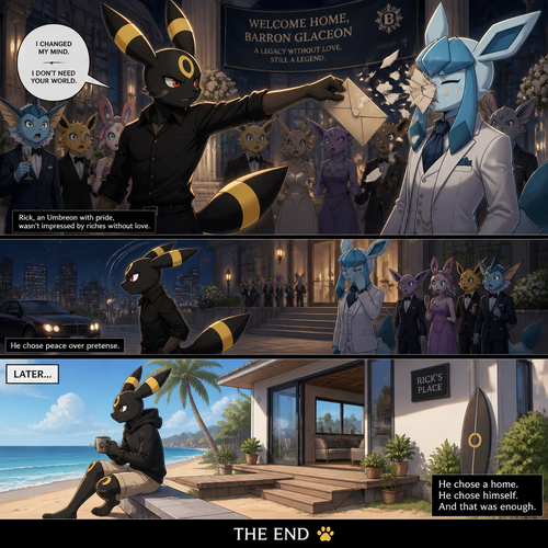 A non-rich grown Umbreon male (named Rick) who change his mind while reject and ripped the envelope and toss it right in a face of a billionaire Glaceon (the loveless Barron) welcoming party at the city mansion to look bad and walk away. Chooses a home. Lives on a small modern house at the beach. Well-made animated version. A good ending. A anthropomorphic verse. Side/front view.