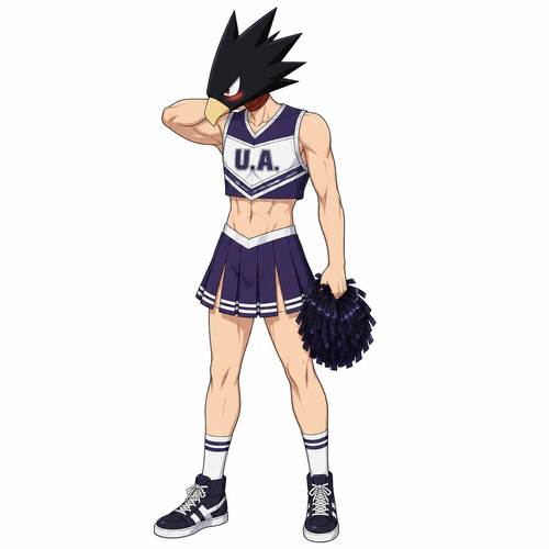 Tokoyami Fumikage wearing a male cheerleading uniform. He is blushing. Solo full body