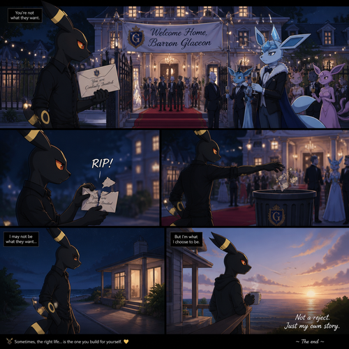 A non-rich grown Umbreon male reject and ripped the envelope and toss it to a trash can of a billionaire Glaceon (the Barron) welcoming party at the city mansion at home. Lives on a small modern house at the beach. Well-made animated version. A sad/good ending. A anthropomorphic verse. Side view.