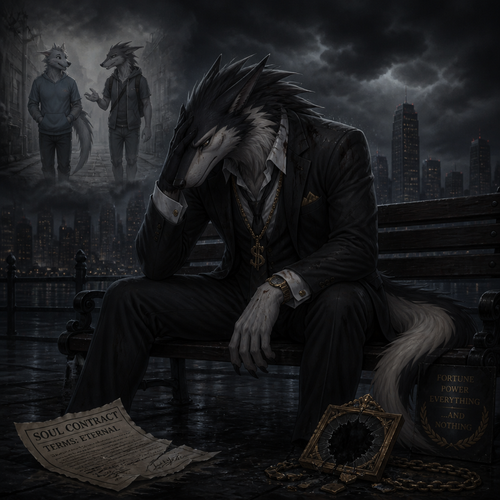 A shameful billionaire male Sergal just lost his soul male the non-rich male Sergal and remembers how he regretted mindlessly in a past while sitting on a bench alone outside of a dark clouds in a city.