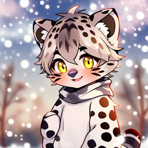 Little anime boy with snow leopard ears and tail with grey hair and yellow eyes