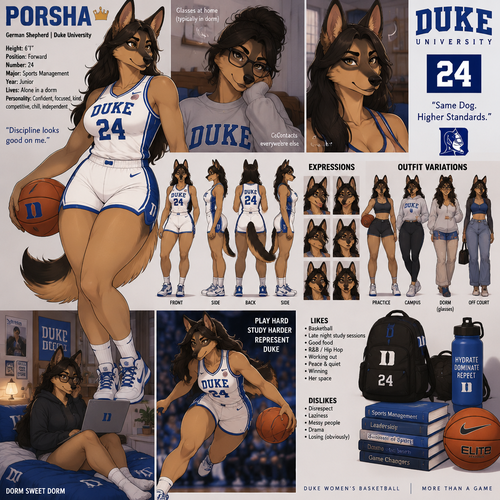 A beautiful curvy female German shepherd named Porsha who lives in a college dorm alone, goes to Duke University, plays basketball, is number 24, is pretty tall, wears contacts unless she's in her dorm then she typically wears glasses, reference sheet, animated version