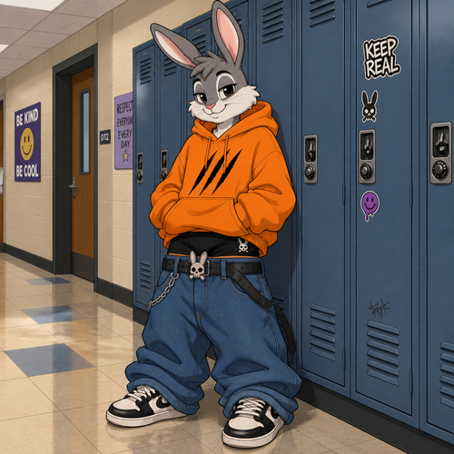 A young male grey and white rabbit wearing extremely loose jeans with a belt that has a rabbit skull design, black colored underwear that comes up above the jeans waistline, a oversized orange hoodie with a three slash mark design on the front. He is standing in front of a row of lockers in the hallway of a middle school. Cartoon art style. Full body