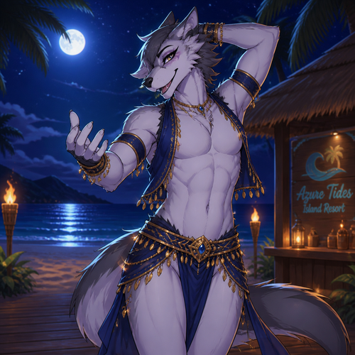 A homosexual adult gay male Sergal, doing a belly dancer, has good hips and a pretty smile, wears eyeliner, at the beach at night, and works at a resort on the island. Giving a flirting look. In an animated verse. A hidden bulge. Front view.