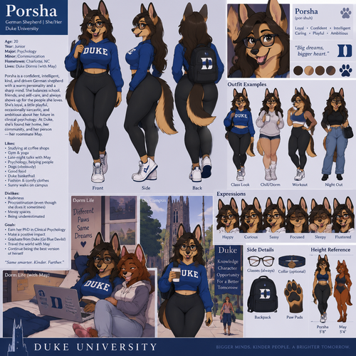 A beautiful curvy female German shepherd named Porsha who lives in a college dorm with her roommate May, goes to Duke University, typically wears glasses, reference sheet, has Mar’s description, animated version