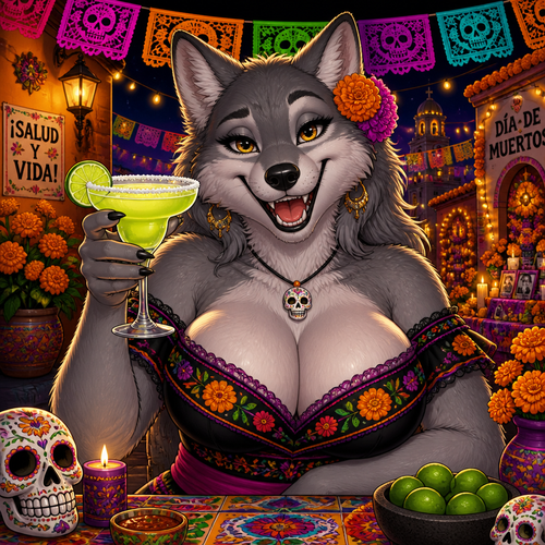 A lovely grown busty female grey Wolf who is having a blast and drinking margaritas on today’s Day of the Dead in Mexico. Animated version. Giving a lovely front view.