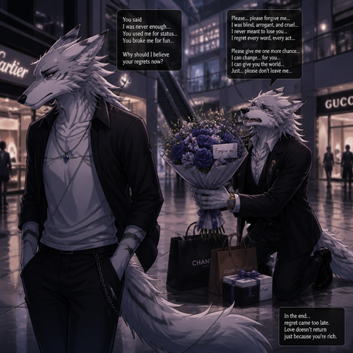 An arrogant billionaire male Sergal who brought gifts and flowers for an apology for the things he did/said by regret while begging forgiveness to an ex-boyfriend male Sergal that wears a necklace who’s not rich enough yet unhappy mood while looking away to ignore while walking away at the mall. A sad ending anime. (The Barrons and billionaires even trillionaires can not be trusted)