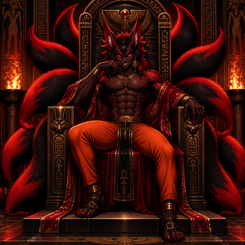 A demonic looking male red and black nine tailed fox wearing tight orange pants, no shirt showing a 16 pack of abs, an open red robe, sandals, and gold earrings. He is sitting on a Egyptian inspired throne with a wicked look on his face. Anime style art, solo, full body.