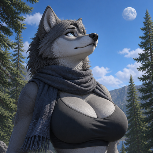 A busty (well-made fuzzy anthro female character) tall Grey Wolf that wears a scarf who’s been looking up above and see a moon at day in the forest alone.