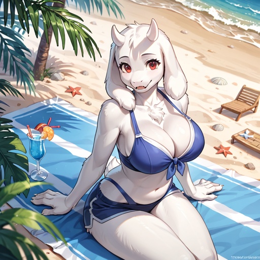 Toriel, a busty goat lady at the beach.