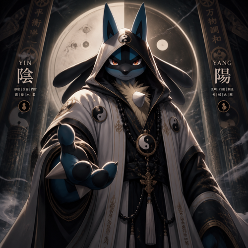 A well-made Pokemon male character, Lucario. A priest knows the balances both yin and yang not just religion. In anthro verse. Big and tall also very old but still tough. Wears a robe and a hoodie. So serious and mature. So brave and caring. In a name of aura. Looking at you.