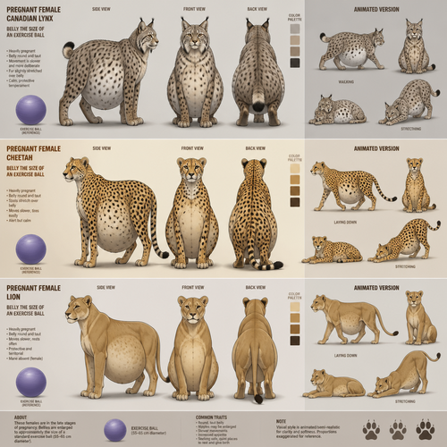A pregnant female Canadian lynx with a belly the size of a exercise ball, a pregnant female cheetah with a belly the size of a exercise ball, and a pregnant female lion with a belly the size of a exercise ball, reference sheet, animated version 