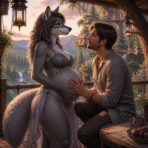 A well-made (NSFW) pregnant grey Wolf mama from a tribe who married a kind human and lived together at the top of a treehouse neighborhood. Among the peaceful wilderness. Has thick thighs and a bushy tail. Wears eyeliner. A beautiful mature female character. Side view. Happy and wholesome. Gives a love look.