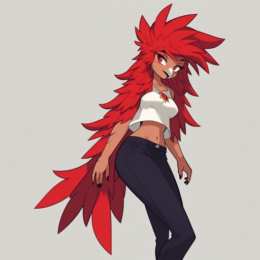 Create a red female anthropomorphic bird with long but big fluffy hair and wearing a white crop top and dark blue pants 