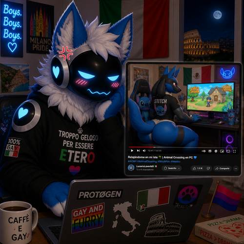 A jealous fluffy gay male Protogen (lives in Italy), who uses his laptop and see a video of a male gay Lucario (lives in Mexico and a stitch fan) with thick thighs and buttocks playing a game called animal crossing on PC. Animated verse. Front view. 