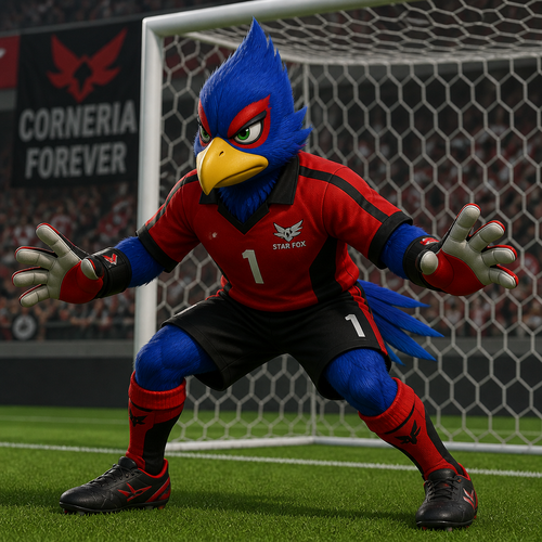 Falco Lombardi wearing red and black soccer uniform. He is a goalie in front of the soccer net.