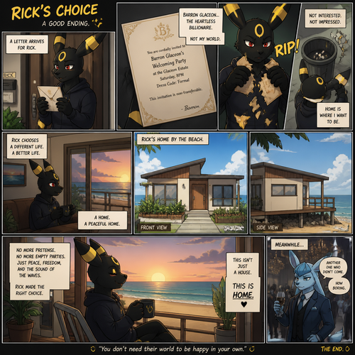 A non-rich grown Umbreon male (named Rick) got the envelope of a billionaire Glaceon’s (the heartless Barron) welcoming party at the city mansion from a mail. Decided to rip and toss the pieces of the envelope at the trash can and stay at home. Chooses a home. Lives on a small modern house at the beach. Well-made animated version. A good ending. A anthropomorphic verse. Front and Side view. A comic.