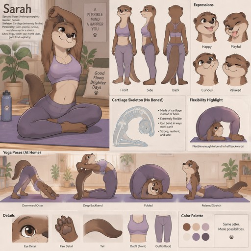A female anthropomorphic otter named Sarah, has a skeleton made of cartilage making her EXTREMELY flexible, is flexible enough to bend in half backwards, is at home doing yoga, reference sheet
