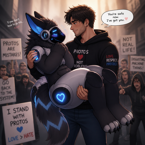 A shy (well-made original character) thick grown Protogen who’s been carried by a friendly/loving Human male as a liberal and a Protogen lover who is saving from the haters. Well-made animated version. Side view. Looking at each other.