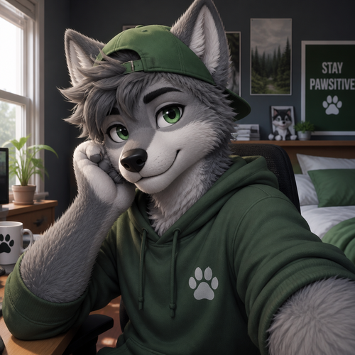 A furry boy in a green cap and grey fur