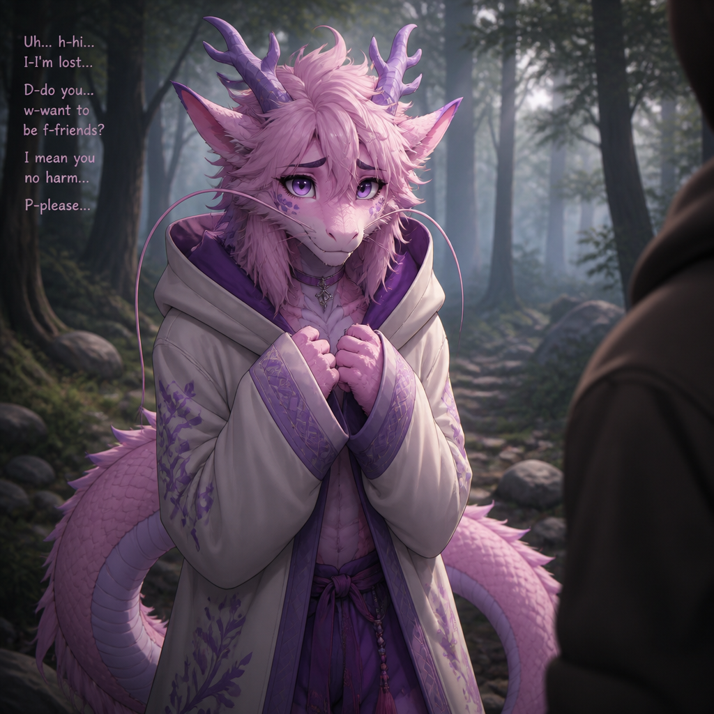 A well-made shy grown femboy pink and purple furred male character, a anthro Lung dragon that wears a robe with a hoodie who came out of nowhere in a forest and lost but also sees a human and wonder if like to be friends and hoped for not being tricked or worse.