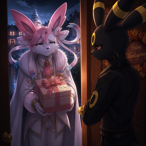 An evil but broken well-made Pokemon male character, a rich Sylveon who’s at the front door outside carries a gift box with ribbons for an apology for his behavior and his actions while beg the male Umbreon for forgiveness at today’s thanksgiving in the anthro verse. A serious animation image.