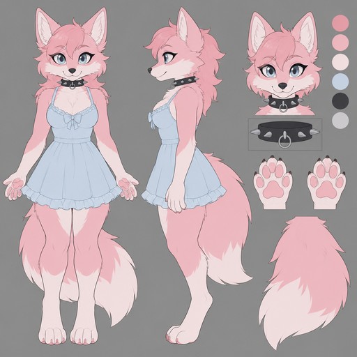Pink fox furry, pale blue dress, small pale pink paws, black spike collar