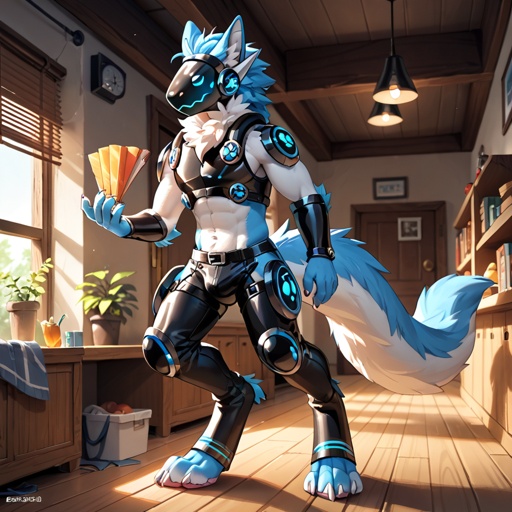 A well made pansexual male Protogen plays video games in the game room.