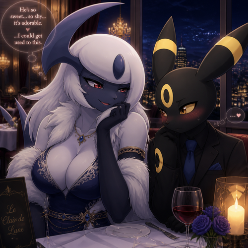 A well-made busty female Pokemon character, Absol. wears an elegant dress and eyeliner. Tall and gorgeous. Dating a shy male Umbreon with a blush. Patient. Has a flirty feeling. Thinking about how sweet and delightful. On a fancy restaurant at night. An animated universe.