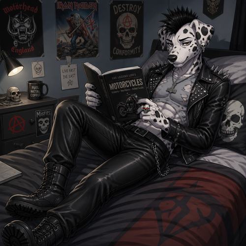 A high school aged male Dalmatian wearing leather pants, grey shirt with rips and tears showing some abs, leather jacket with short spikes, combat boots, and a short black Mohawk. Right ear is pierced with three skull shaped earrings, has a Mjölnir pendant around his neck and a skull ring with rubies for eyes on his right hand. Laying on his bed reading a motorcycle book. Anime art style, solo, full body.