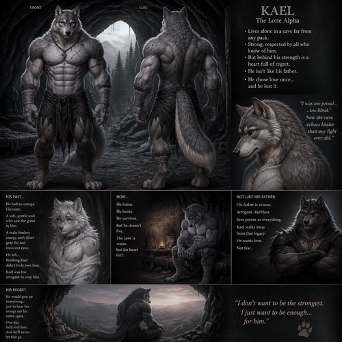 The well-made big and buff alpha male grey wolf tribe at front/rear view who lives in a cave all alone with no pack and misses his ex-mate (a grown male femboy fuzzy omega grey wolf tribe) sadly depressed and have regrets also is nothing like his arrogant father the alpha.