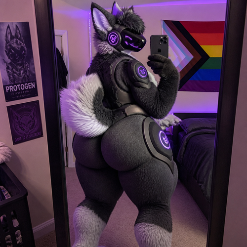 A well-made fluffy gay male Protogen with thick thighs and bigger buttocks that gives you a good back view and pose in front of your IPHONE image.